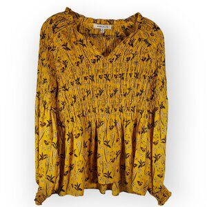 Rose & Olive Women's XS Yellow Floral Smocked Blouse Top Shirt Boho Long Sleeve
